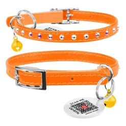Katthalsband Läder Glamour Strass Orange