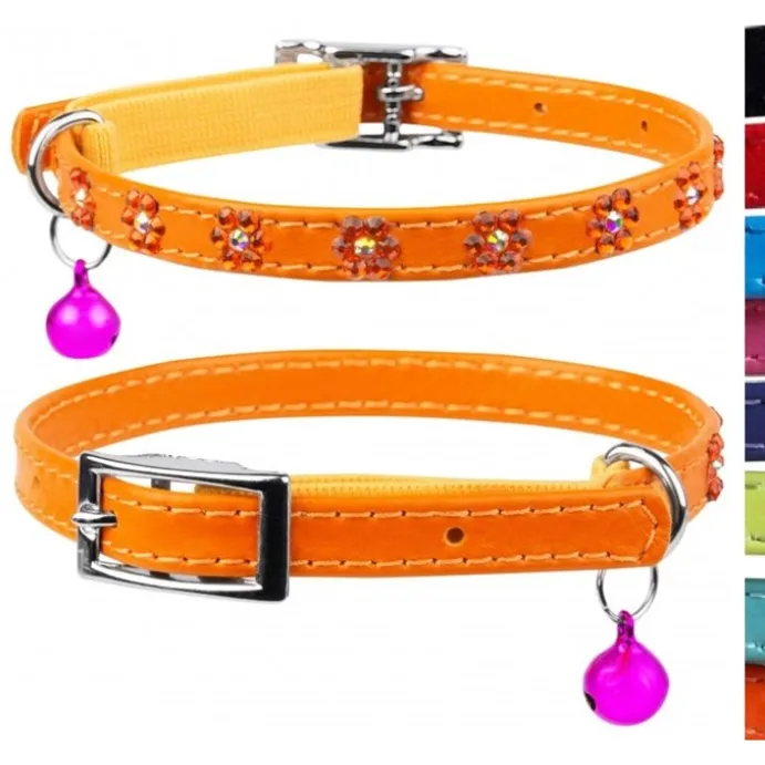 Katthalsband Läder Glamour Strass Blomma